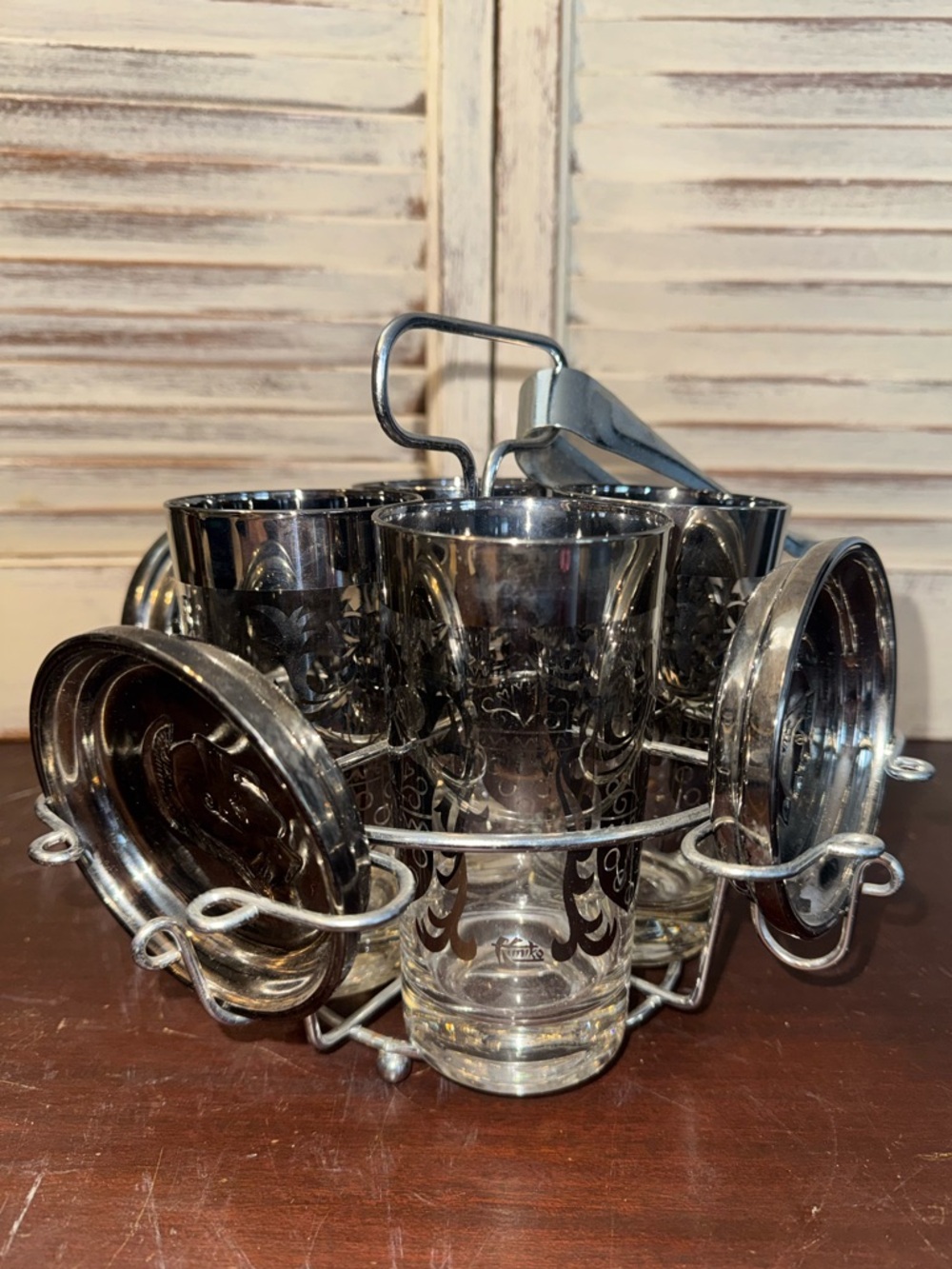 Kimiko MCM Silver Knight Highball Set Caddy Coasters 1960s